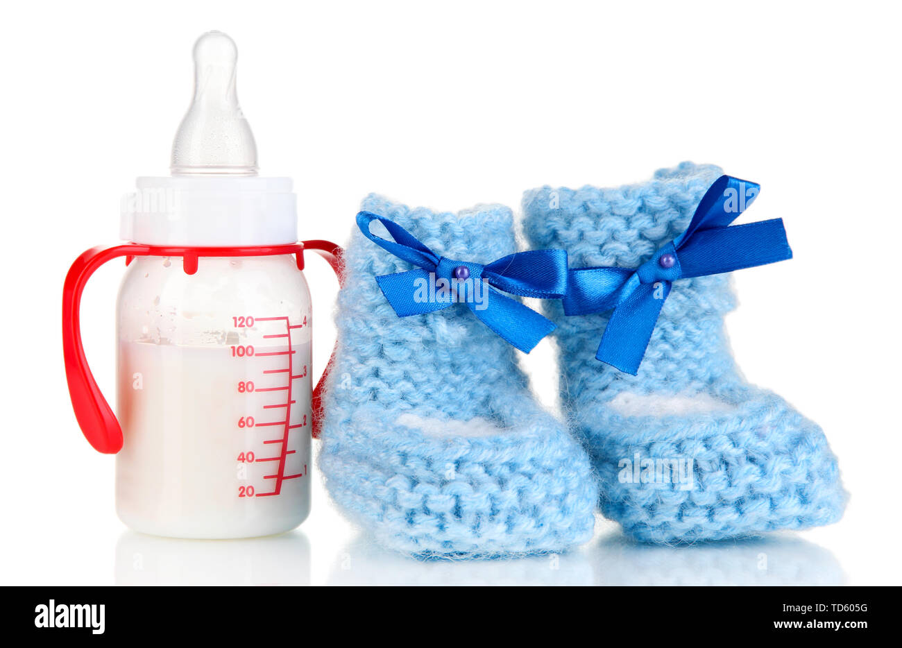 Bottle for milk formula with booties isolated on white Stock Photo