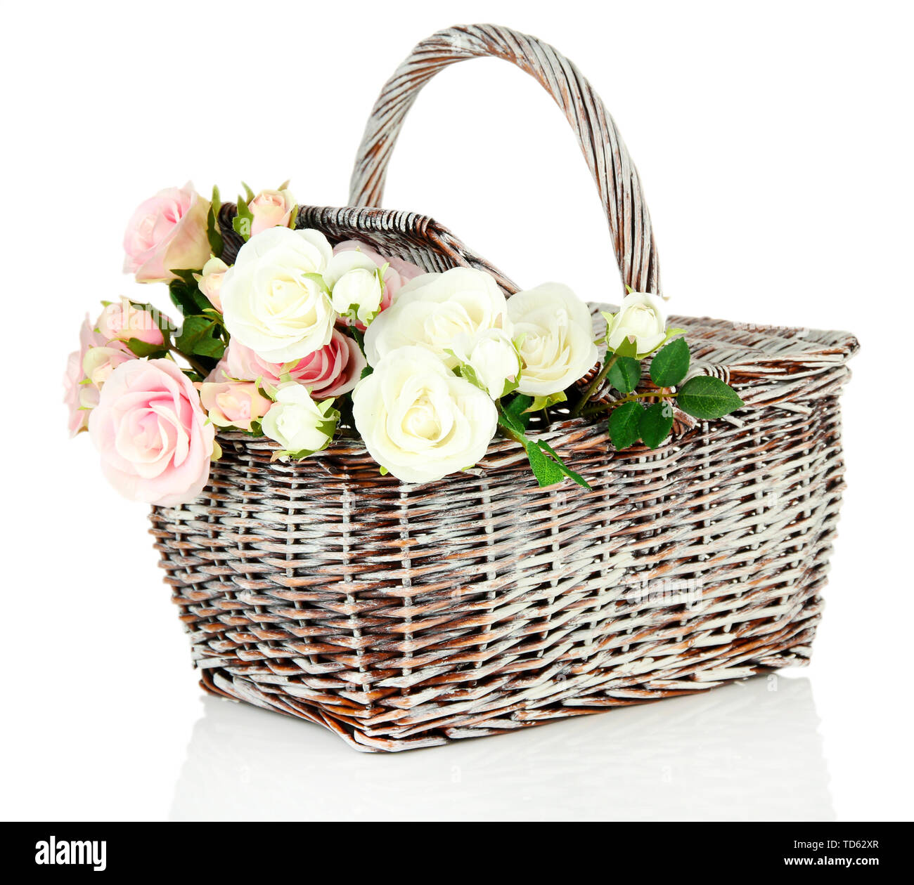 Picnic basket with flowers, isolated on white Stock Photo Alamy