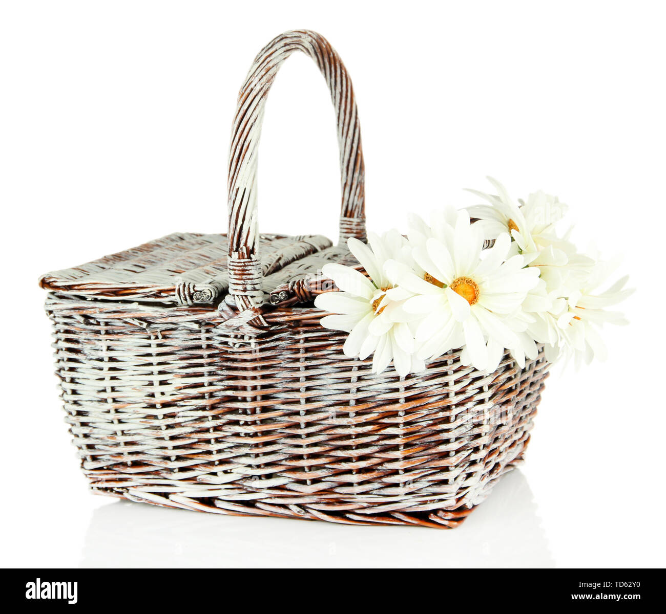Picnic basket with flowers, isolated on white Stock Photo Alamy