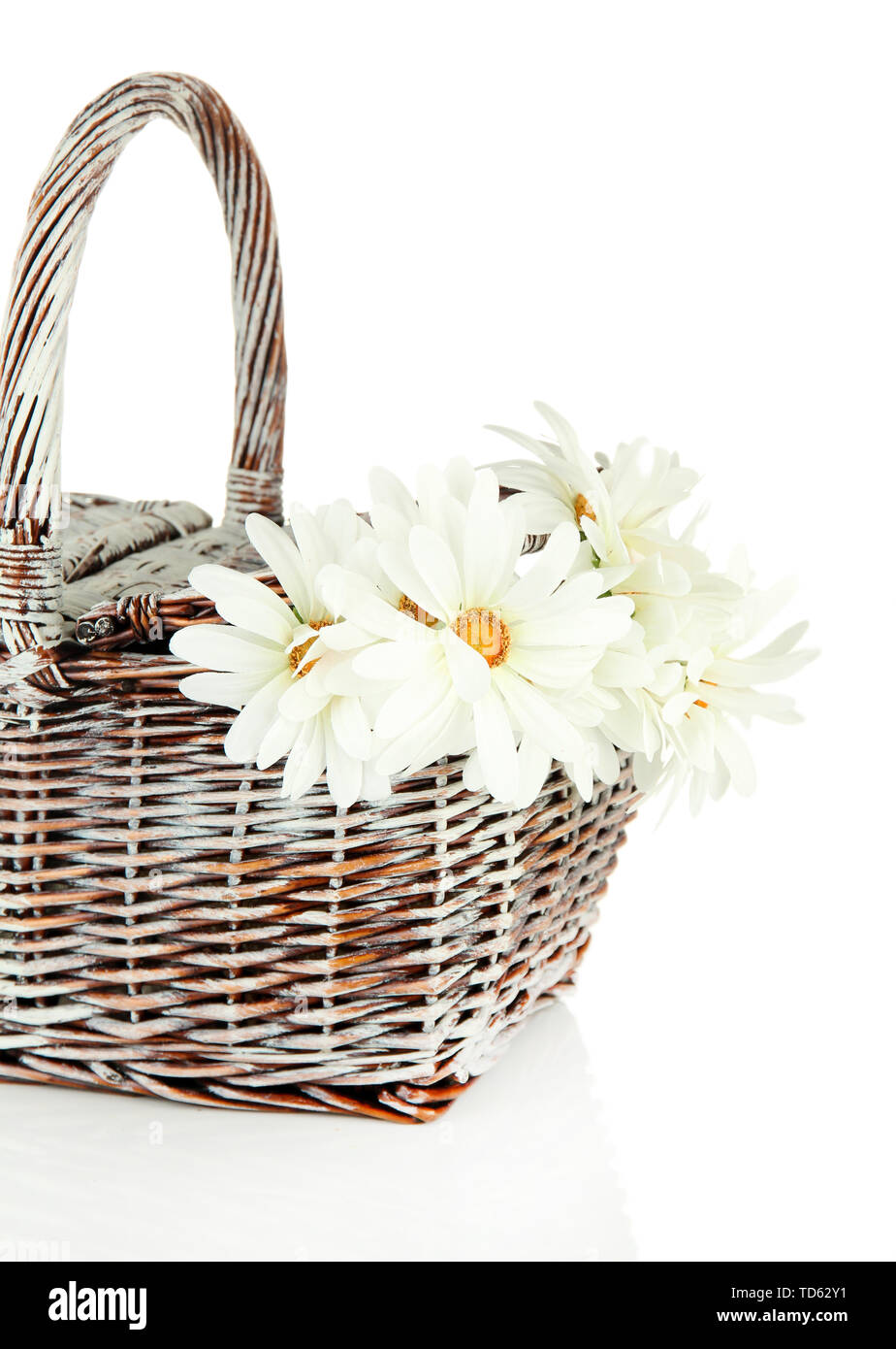 Picnic basket with flowers, isolated on white Stock Photo Alamy