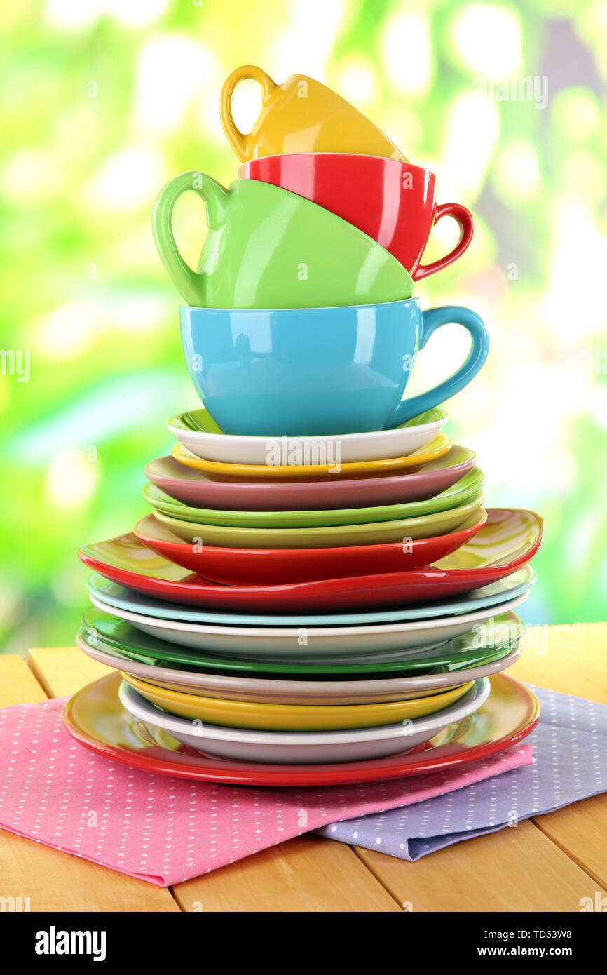 Mountain colorful dishes on napkin on nature background Stock ...