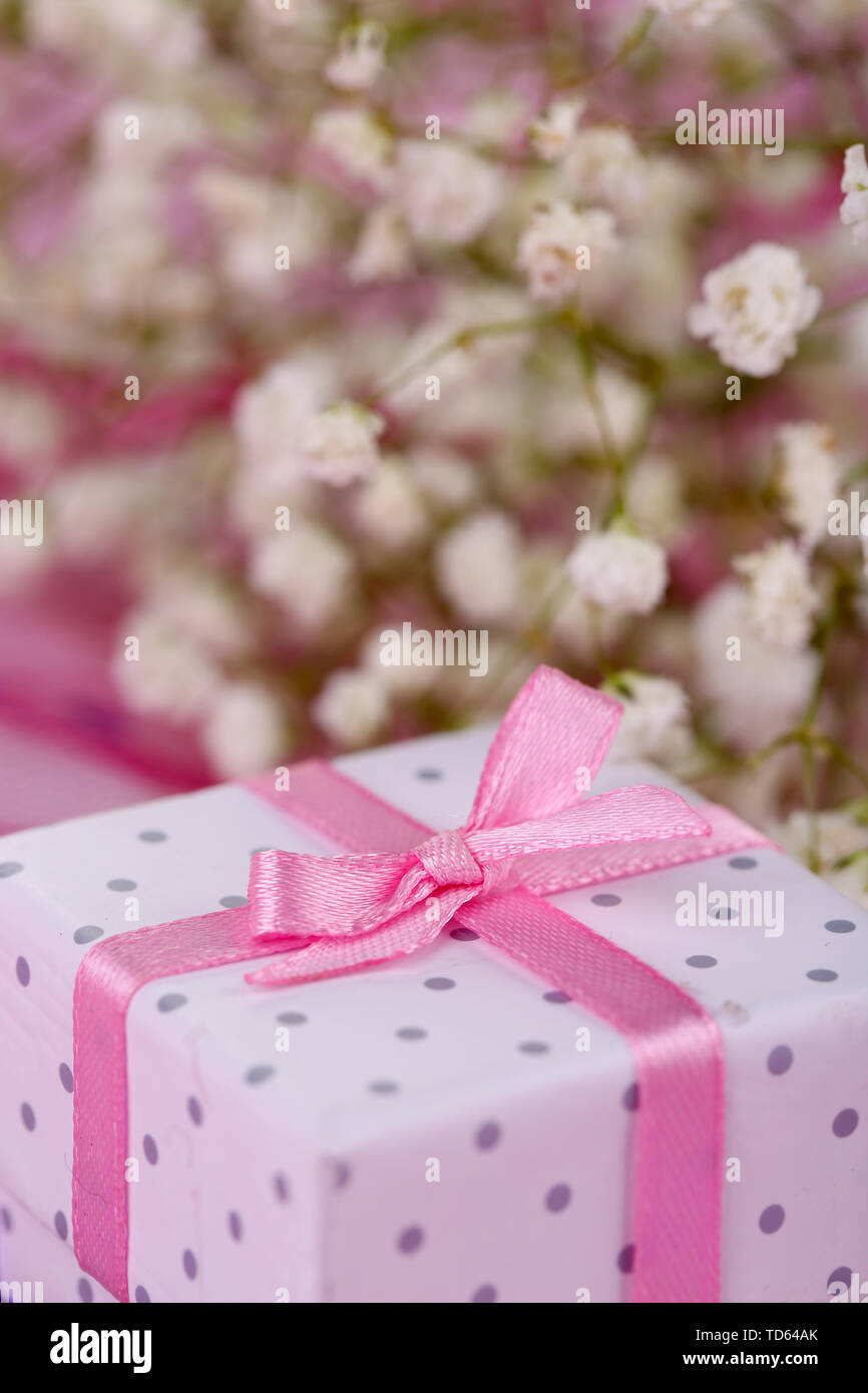 Flowers and gift box on pink background Stock Photo