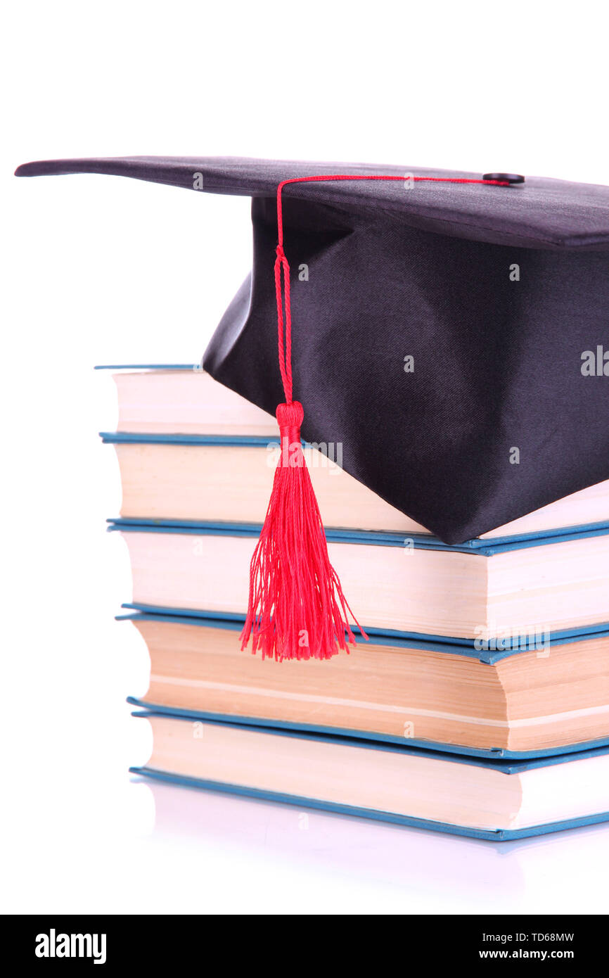 Grad hat with books isolated on white Stock Photo