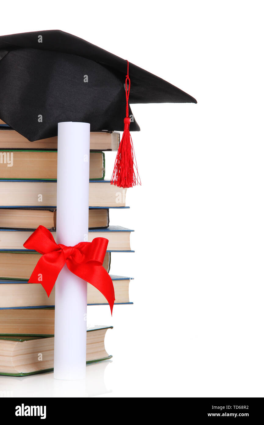 Grad hat with diploma and books isolated on white Stock Photo - Alamy