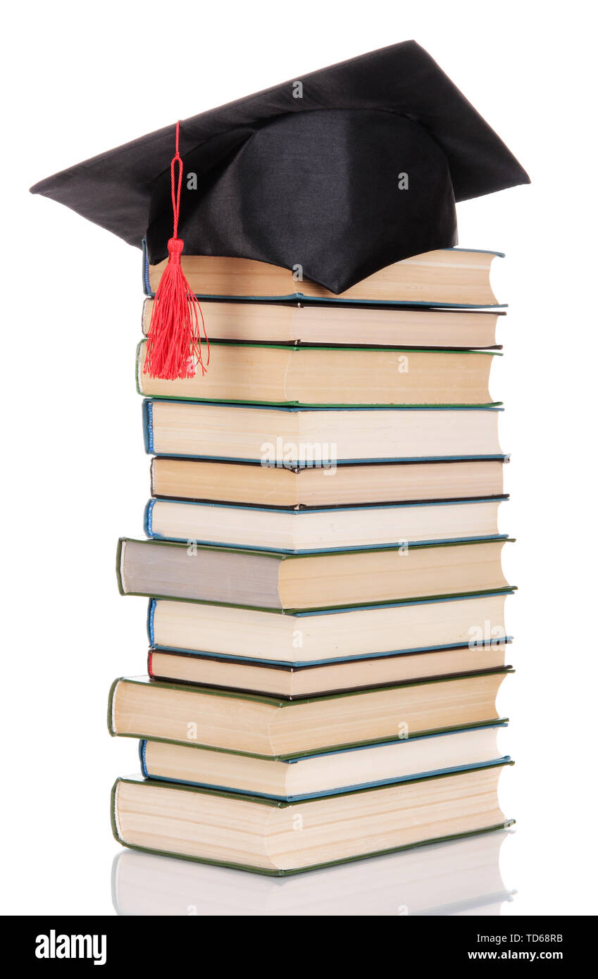 Grad hat with books isolated on white Stock Photo