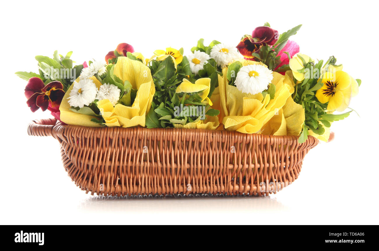 Beautiful spring flowers in basket isolated on white Stock Photo Alamy
