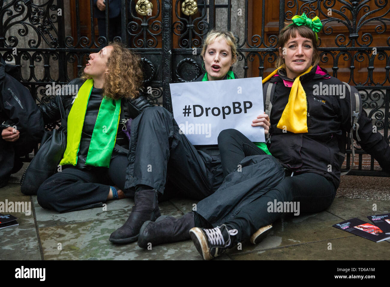 London, UK. 10 June, 2019. Artists and activists from BP or not BP? disrupt the BP Portrait Award with a 'creative blockade' against oil sponsorship.  Stock Photo