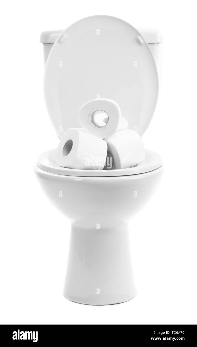 White toilet bowl with toilet paper, isolated on white Stock Photo - Alamy