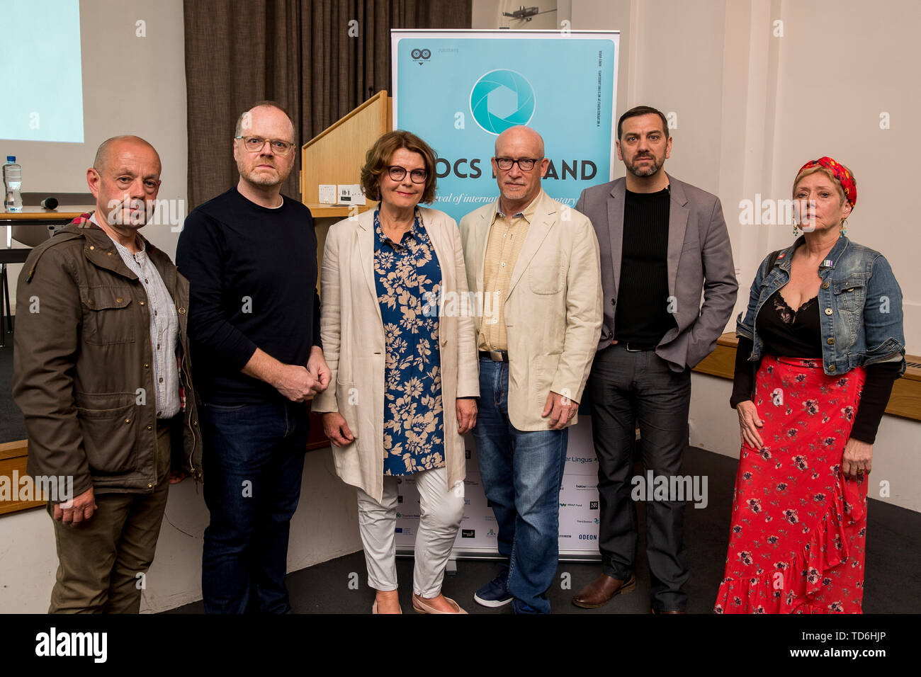 (left to right) Barry McCaffrey, Trevor Birney, Susan McKay, Alex Gibney, Sean Murray, and Kathyrn Johnston before a discussion in the Ulster Museum hosted by Docs Ireland, on freedom of the press called, 'Are Investigative Journalists Safe to Work in Ireland?' Stock Photo
