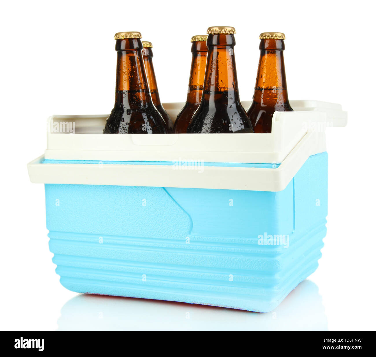 Traveling refrigerator with beer bottles isolated on white Stock Photo