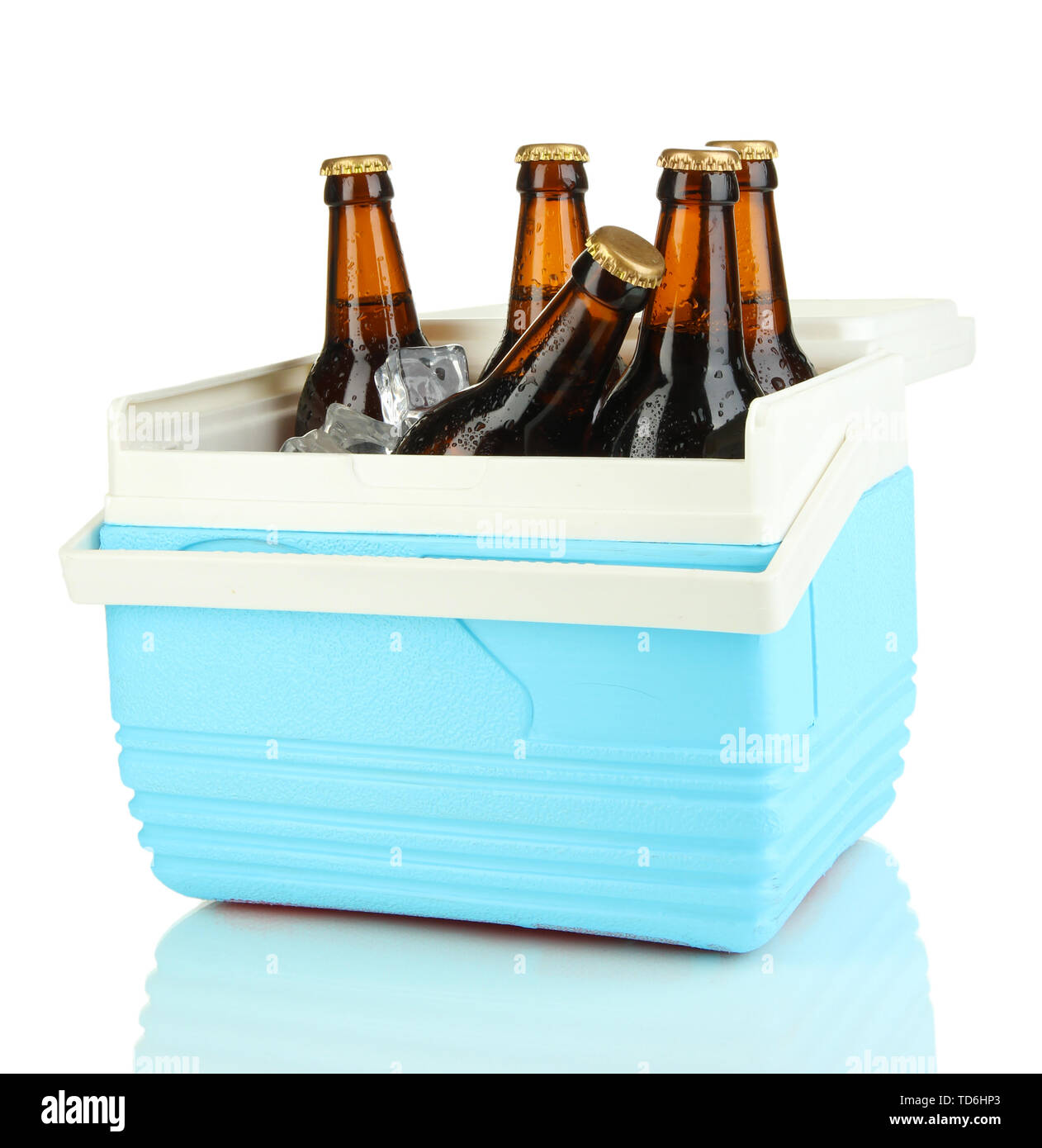 Traveling refrigerator with beer bottles and ice cubes isolated on white Stock Photo Alamy