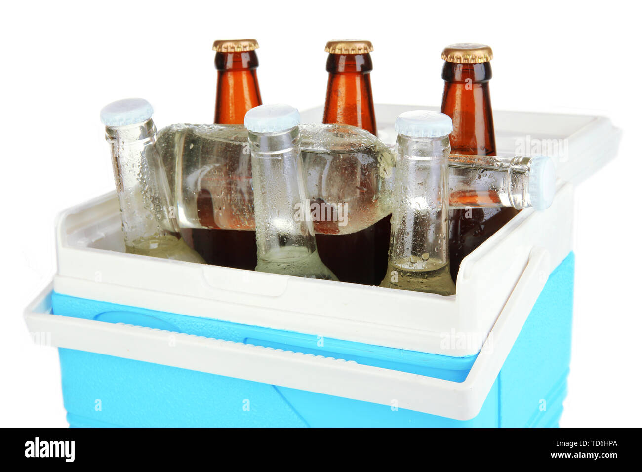 Traveling refrigerator with beer bottles and ice cubes isolated on white Stock Photo Alamy