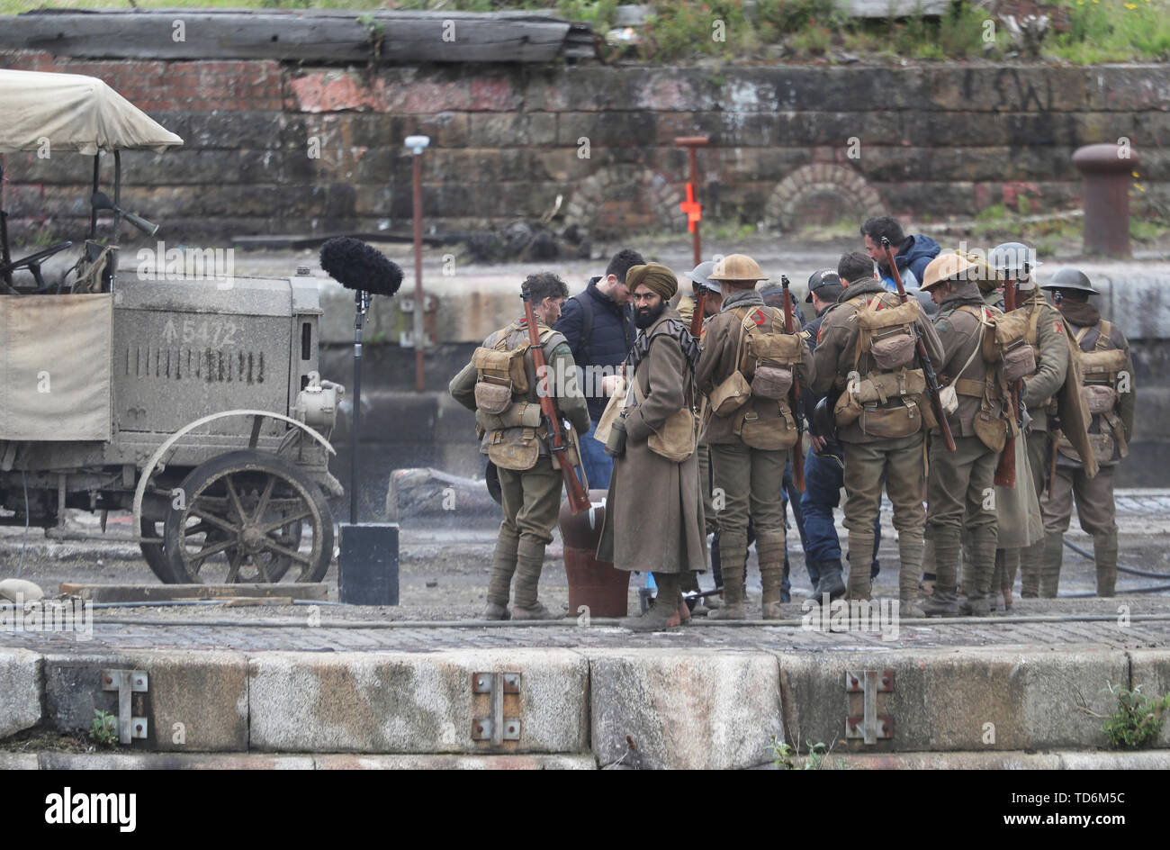 Actors in period costume on the set of Sam Mendes' new film 1917 during filming at Govan Docks in Glasgow. Stock Photo