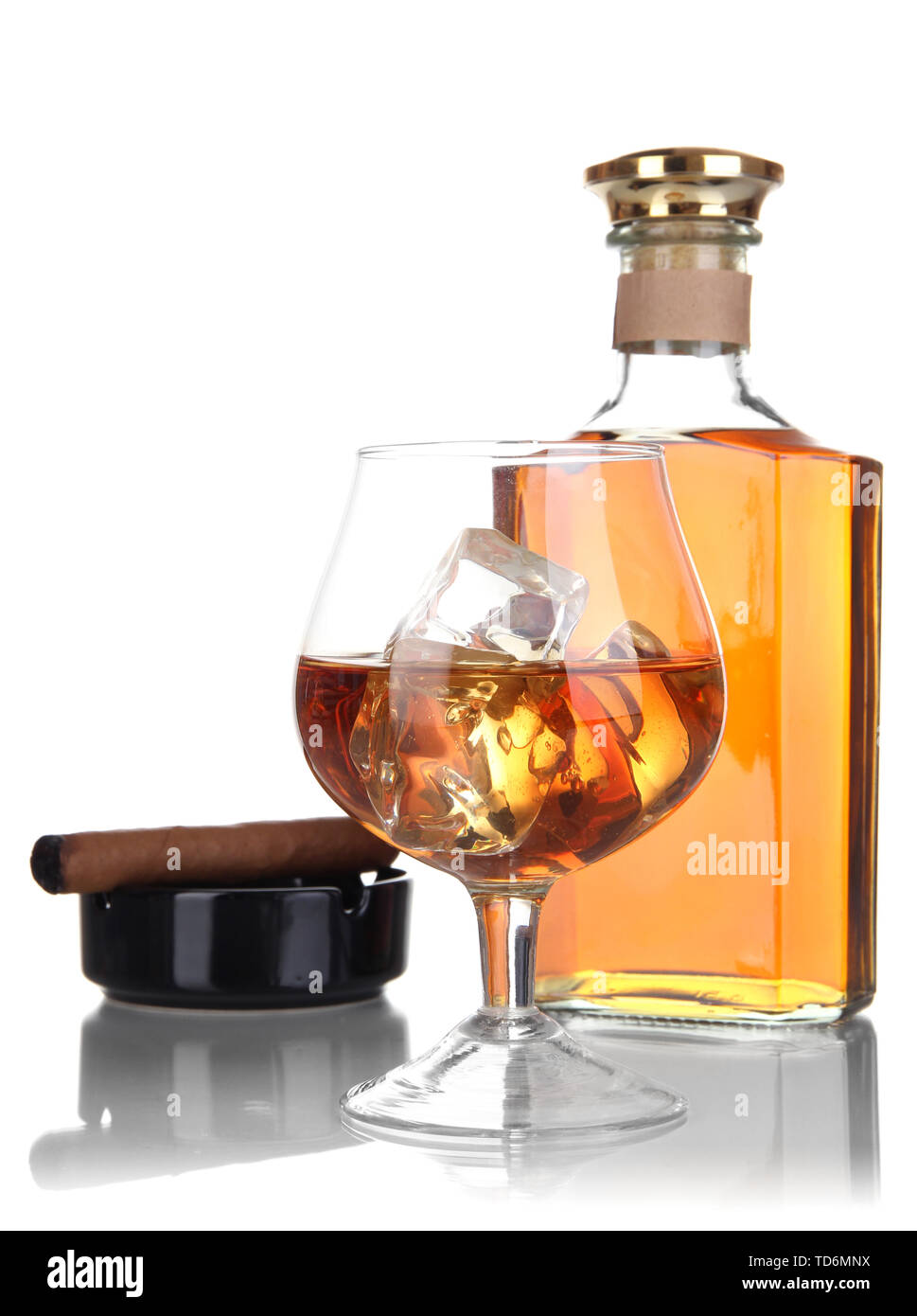 Brandy with ice and cigar isolated on white Stock Photo Alamy