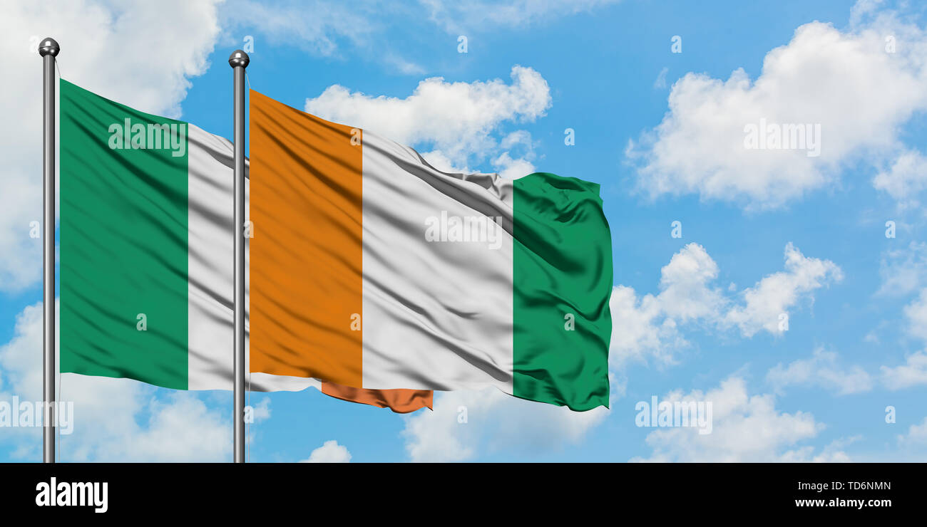 Ireland and Cote D'Ivoire flag waving in the wind against white