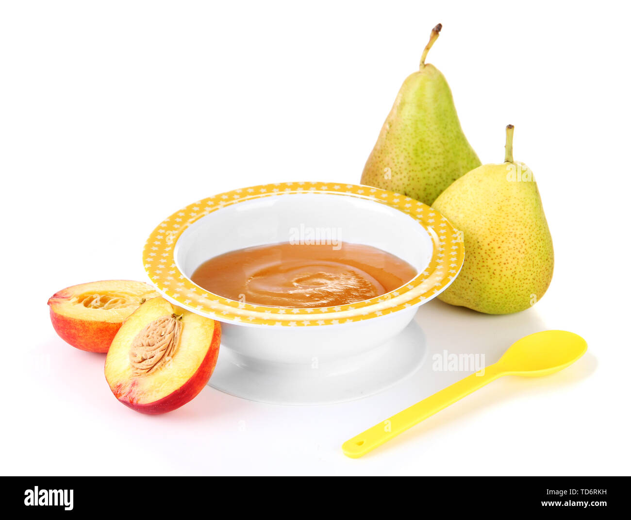 Tasty baby fruit puree isolated on white Stock Photo - Alamy