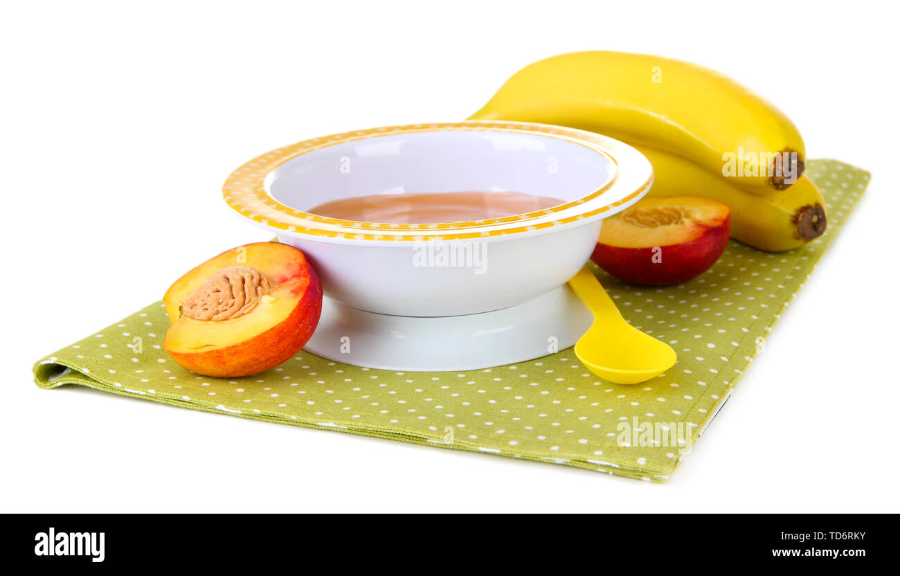 Tasty baby fruit puree isolated on white Stock Photo - Alamy