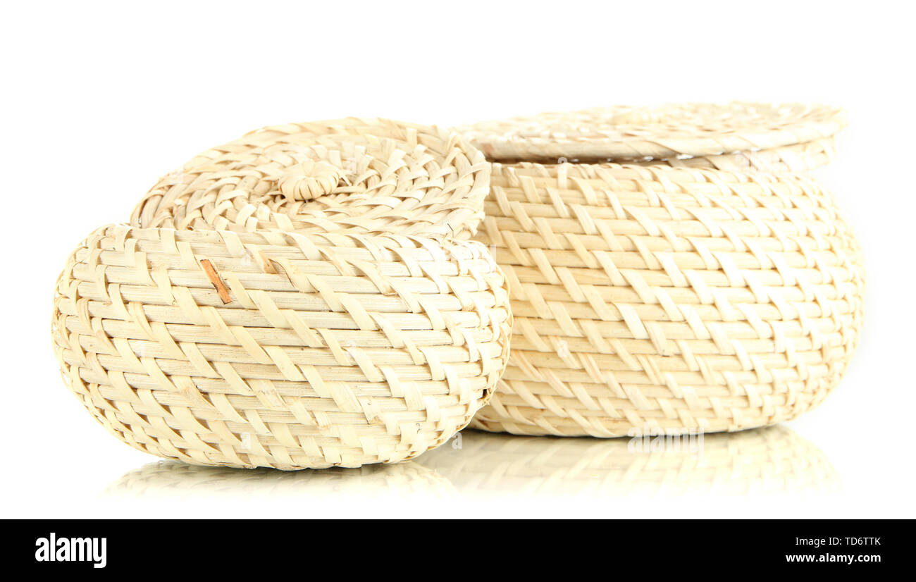 Two wicker baskets with covers, isolated on white Stock Photo Alamy