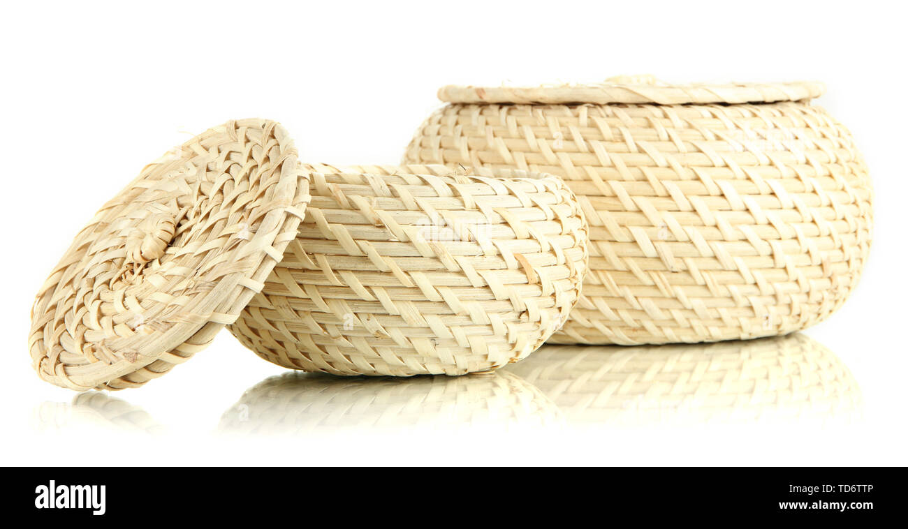 Two wicker baskets with covers, isolated on white Stock Photo Alamy