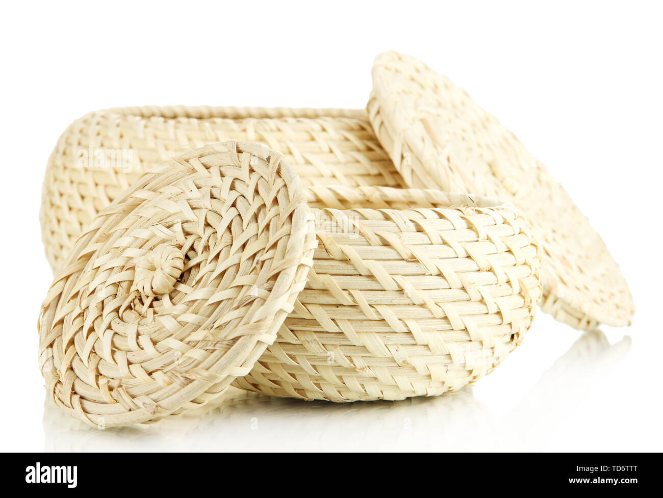 Two wicker baskets with covers, isolated on white Stock Photo