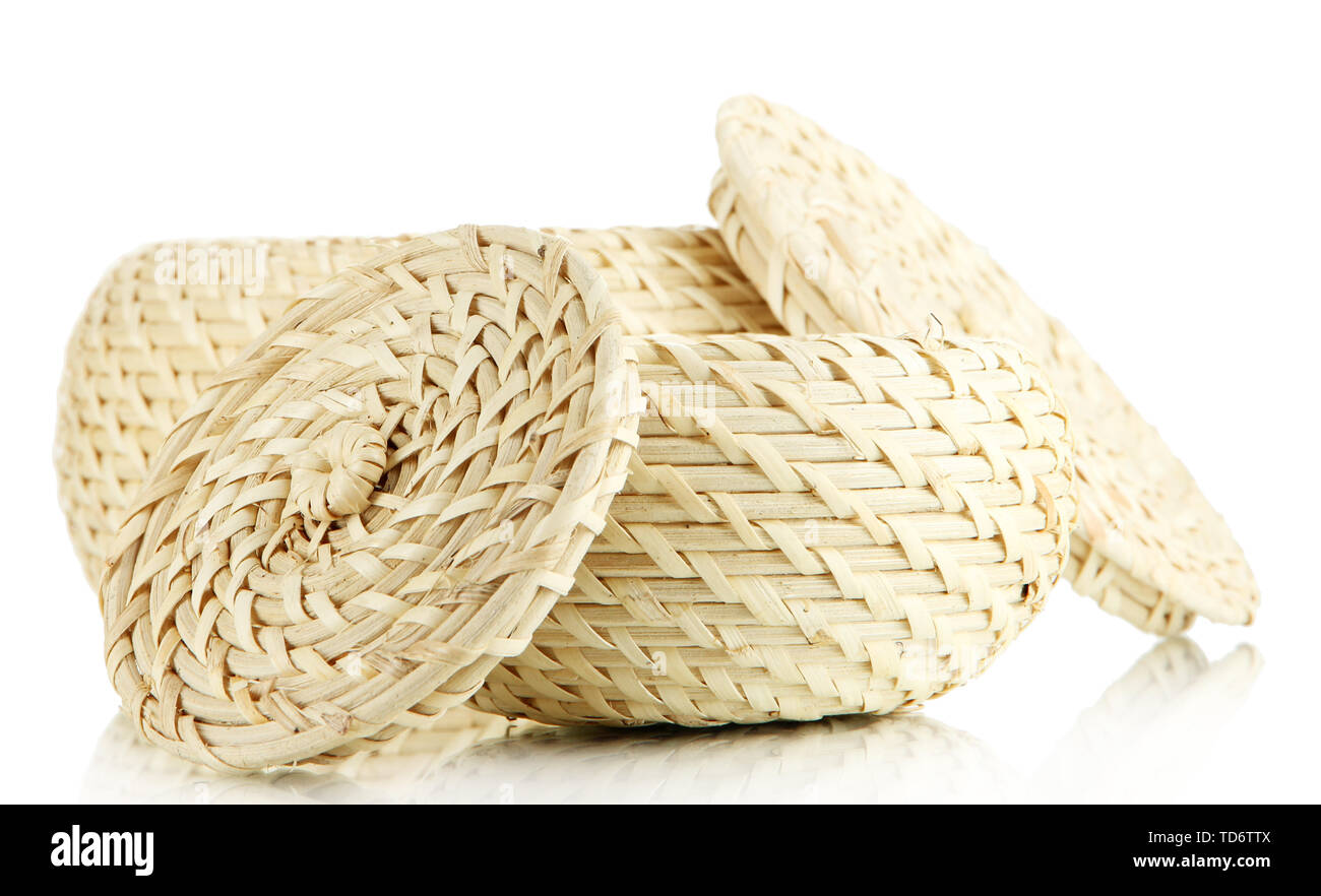 Two wicker baskets with covers, isolated on white Stock Photo