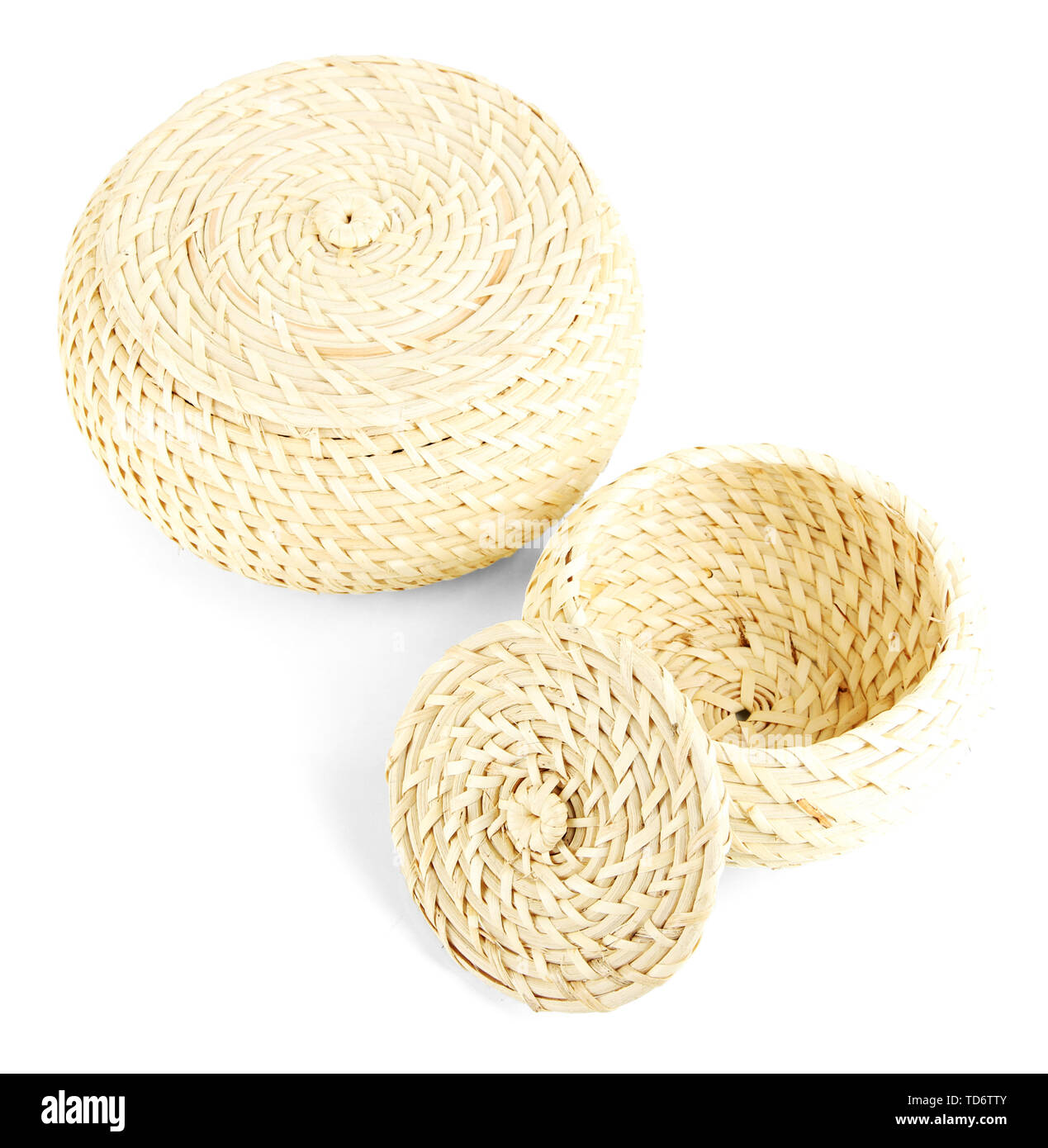 Two wicker baskets with covers, isolated on white Stock Photo Alamy