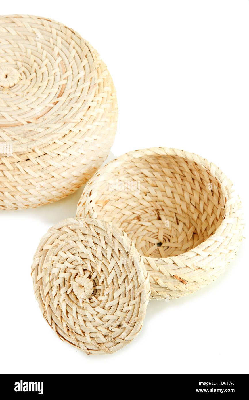 Two wicker baskets with covers, isolated on white Stock Photo