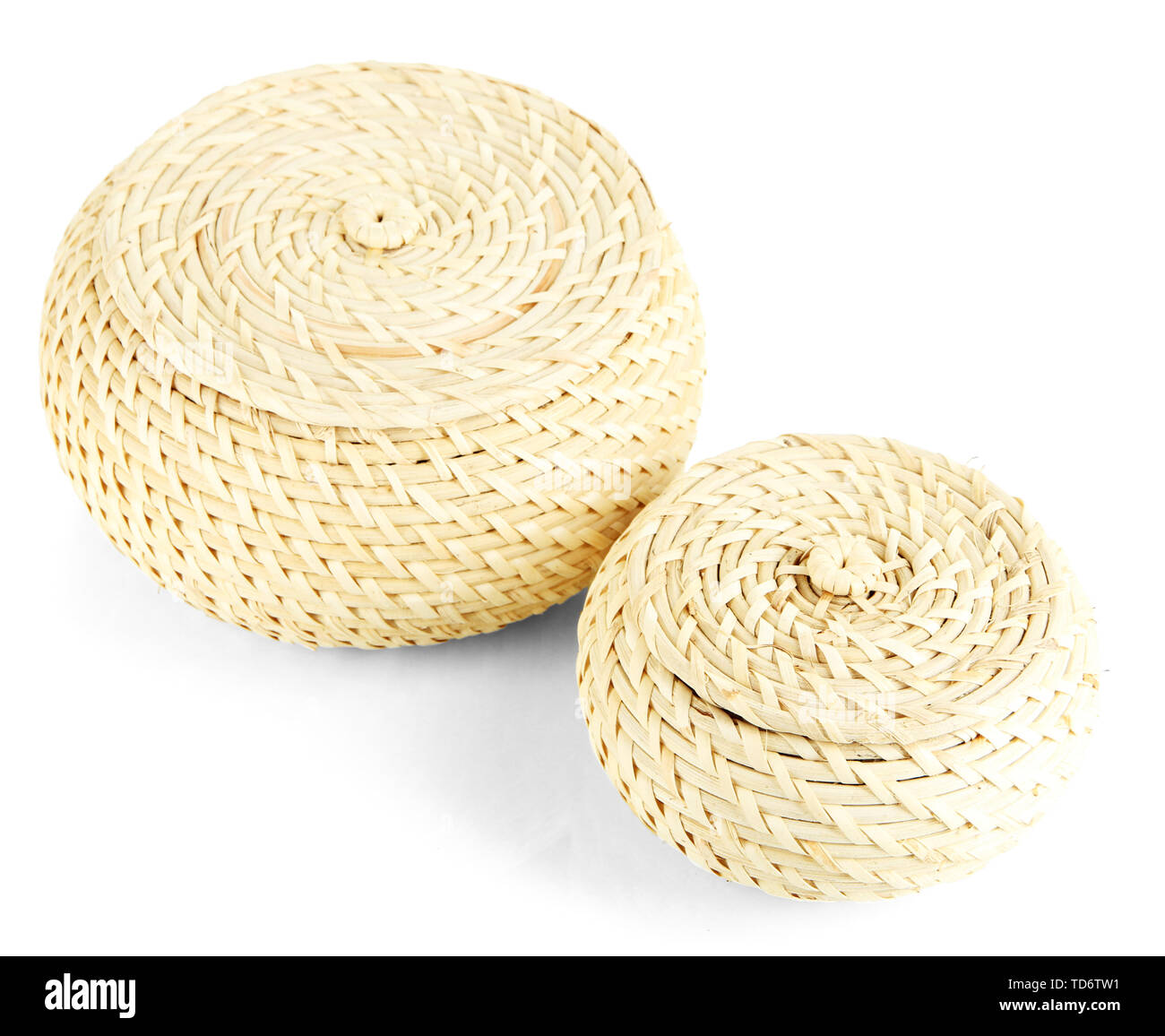Two wicker baskets with covers, isolated on white Stock Photo