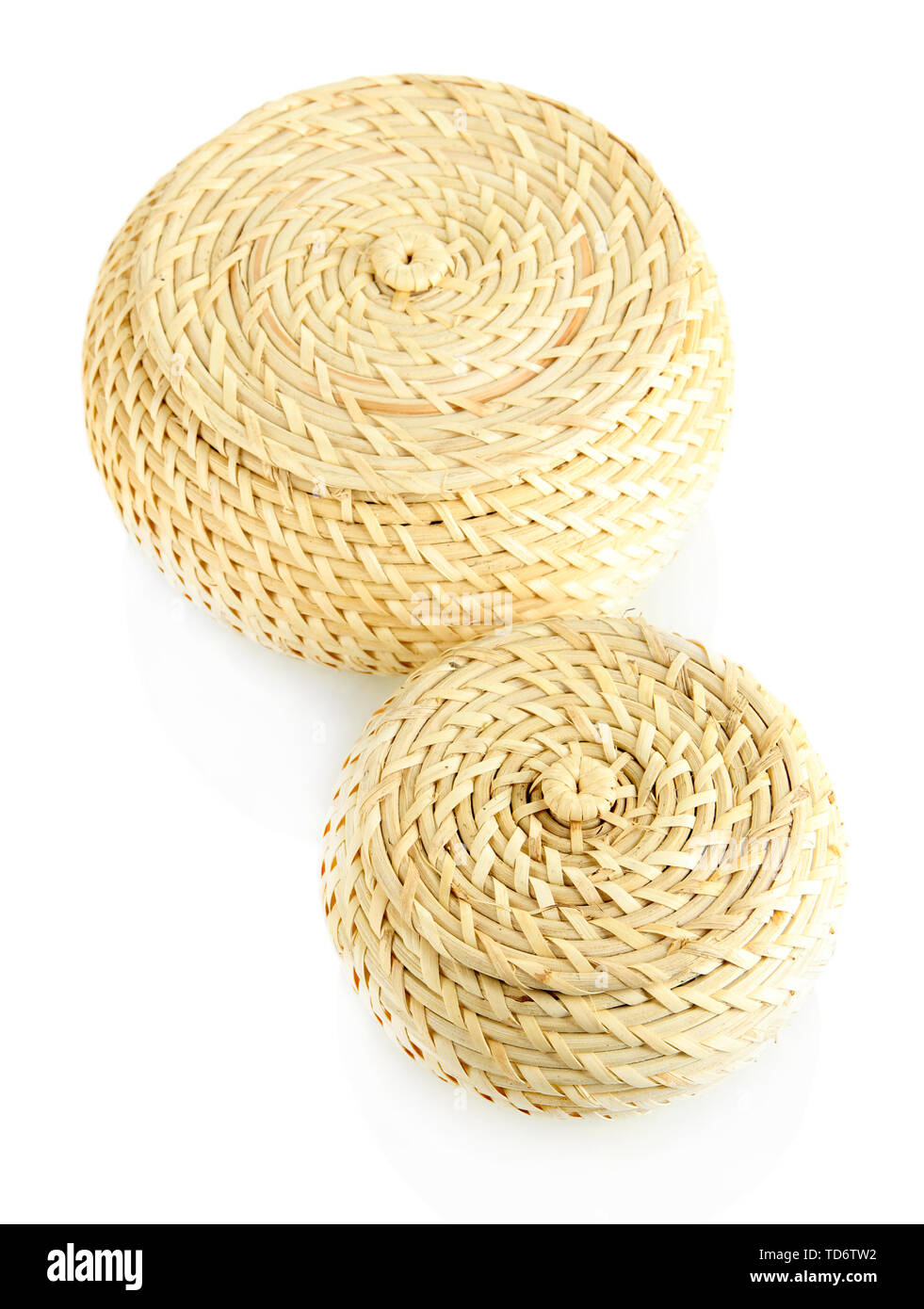 Two wicker baskets with covers, isolated on white Stock Photo Alamy