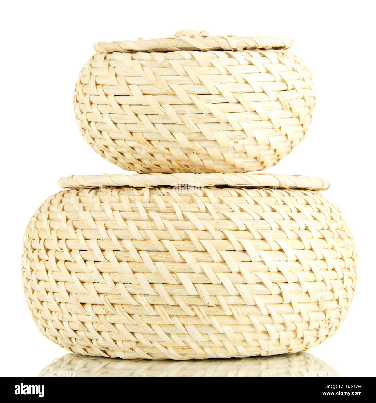 Two wicker baskets with covers, isolated on white Stock Photo