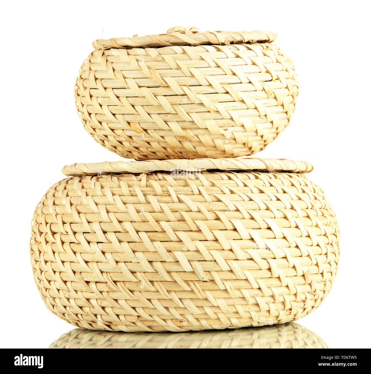 Two wicker baskets with covers, isolated on white Stock Photo