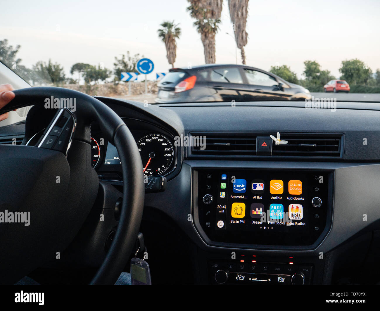 Palma de Mallorca, Spain - May 8, 2018: Digital display dashboard of modern new Seat car using Apple Car iOS with multiple applications such as Amazon Stock Photo