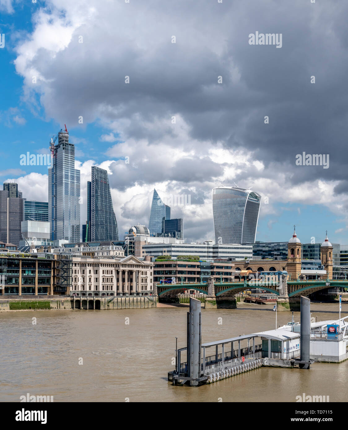 London cityscape. The tallest five are, left to right; NatWest Tower; 22 Bishopsgate; Cheesegrater; The Scalpel; Walkie Talkie. Stock Photo