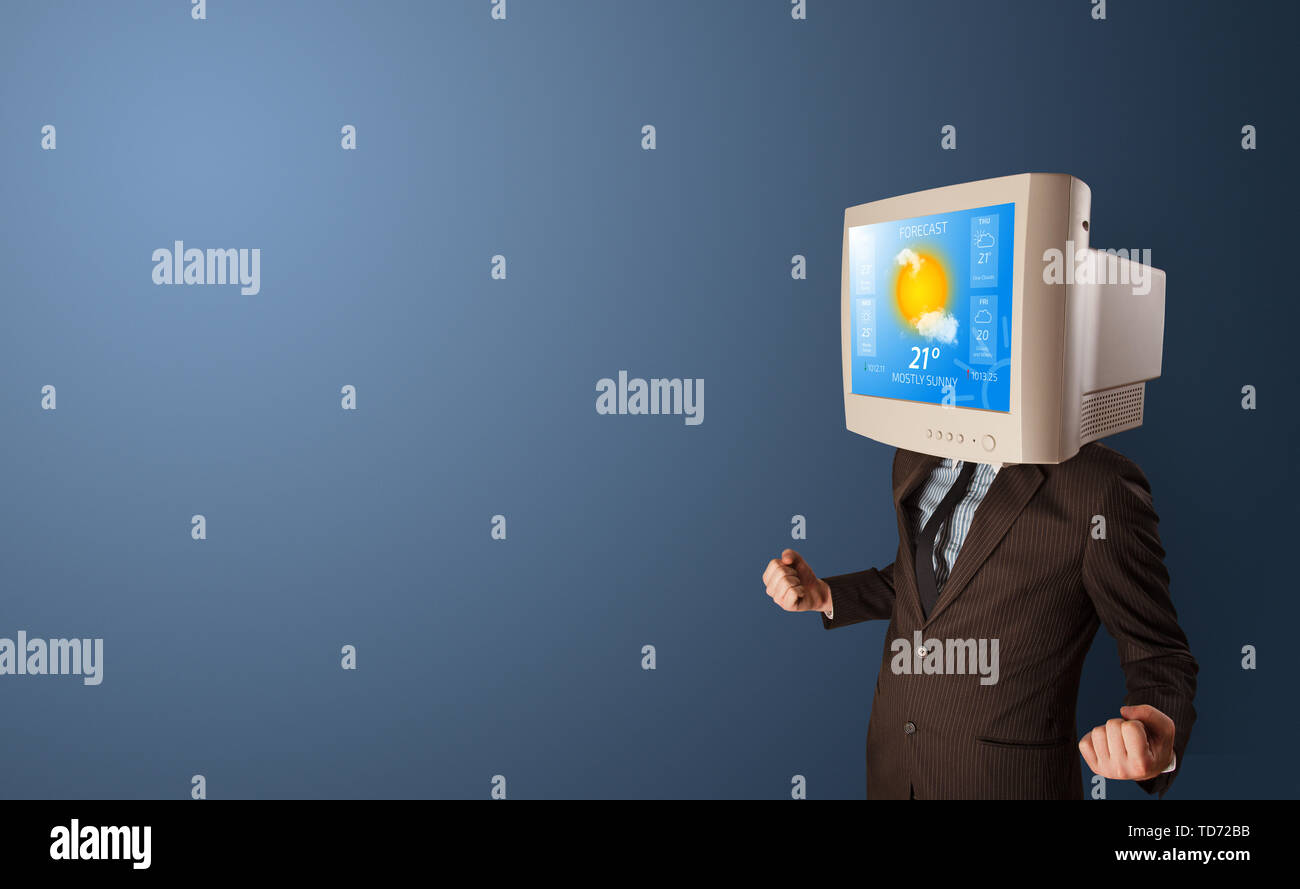 Young person with monitor head, weather forecast concept Stock Photo