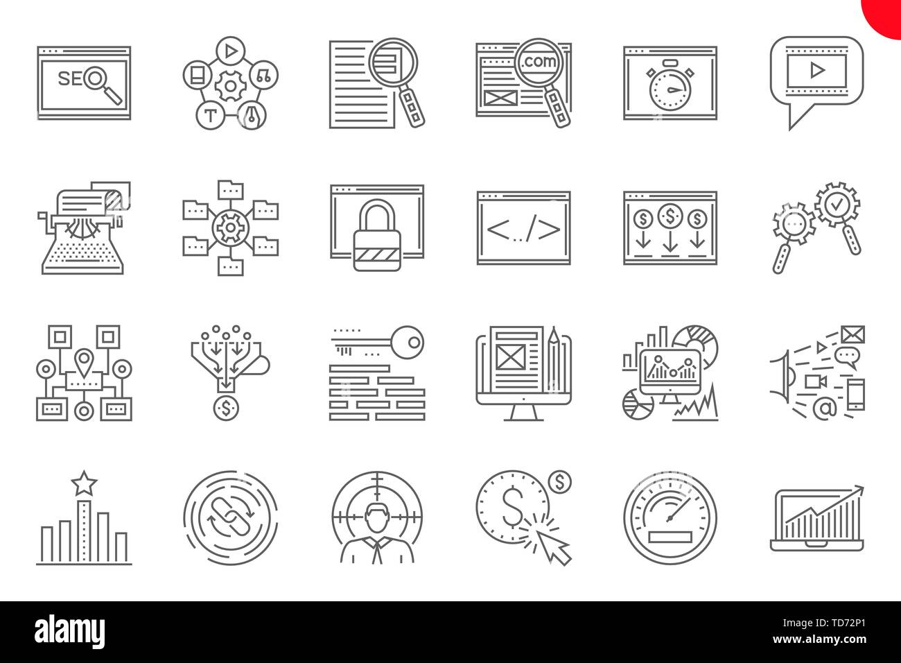 Seo Thin Line Related Icons Set on White Background. Stock Vector