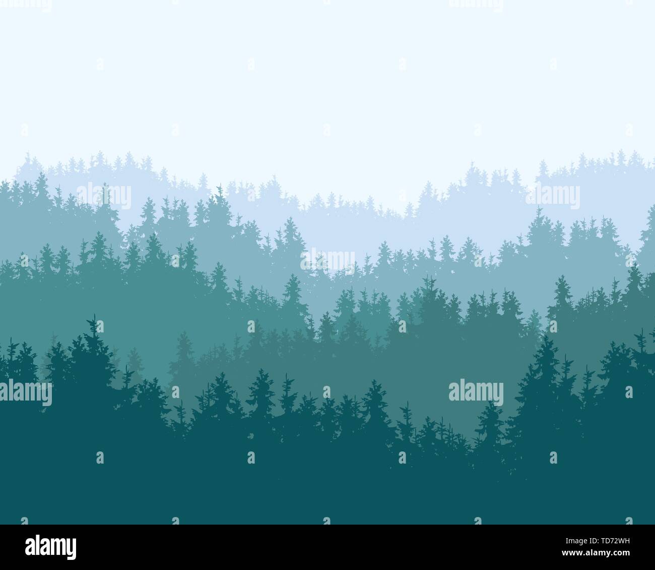 Realistic illustration of mountain landscape with coniferous forest and ...