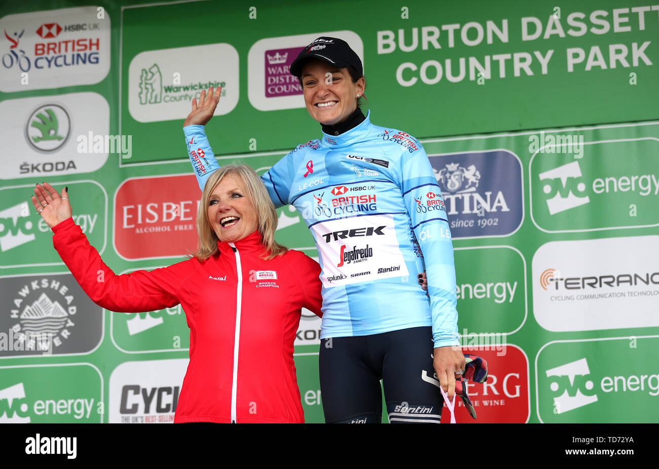 Trek Segafredo's Elizabeth Deignan (right) on the podium with the HSBC UK British Cycling Best British Rider jersey during stage four of the OVO Energy Women's Tour. Stock Photo