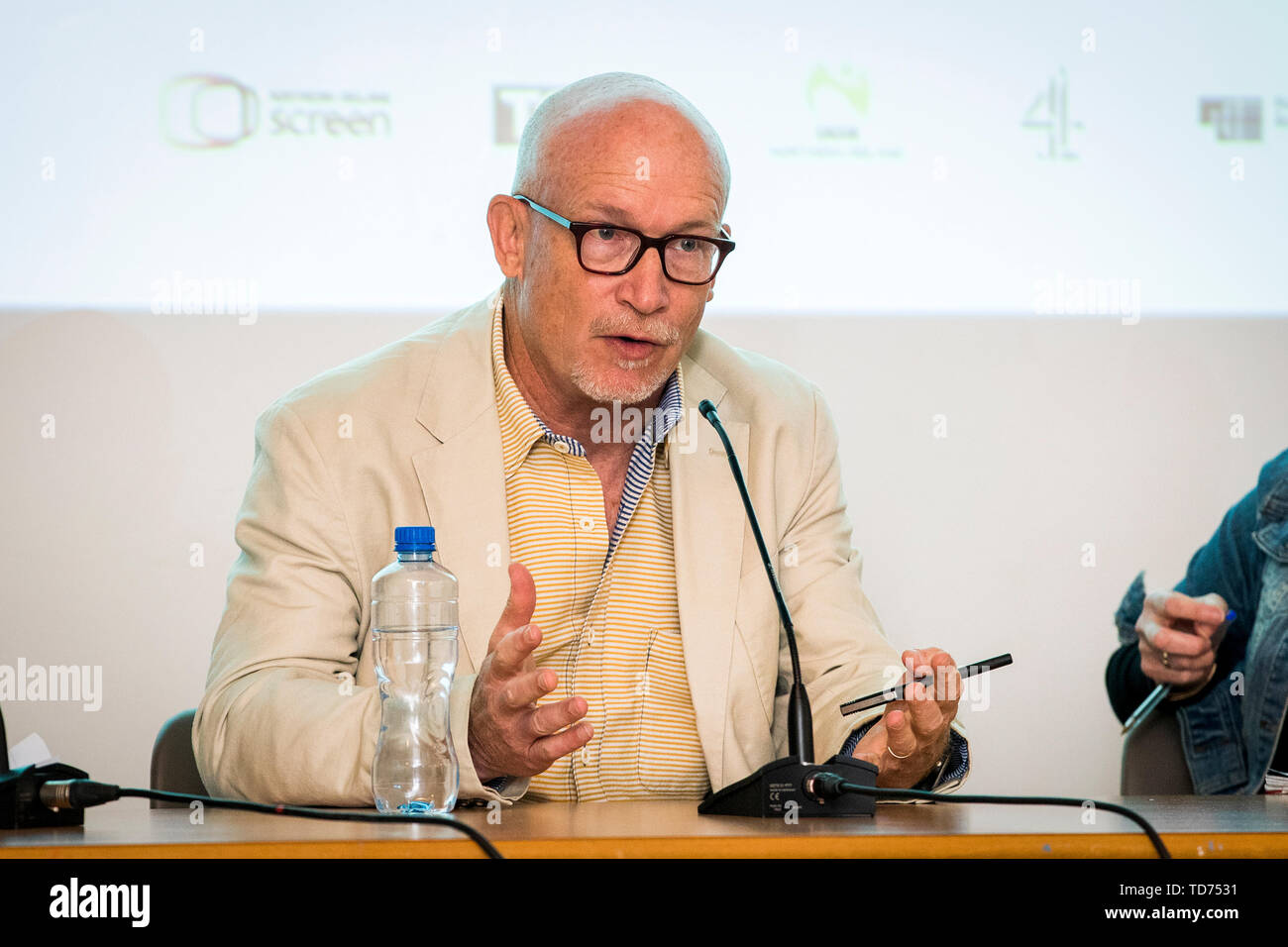 Alex Gibney, director of, “No Stone Unturned,” speaking during a discussion in the Ulster Museum hosted by Docs Ireland, on freedom of the press called, “Are Investigative Journalists Safe to Work in Ireland?”. Stock Photo