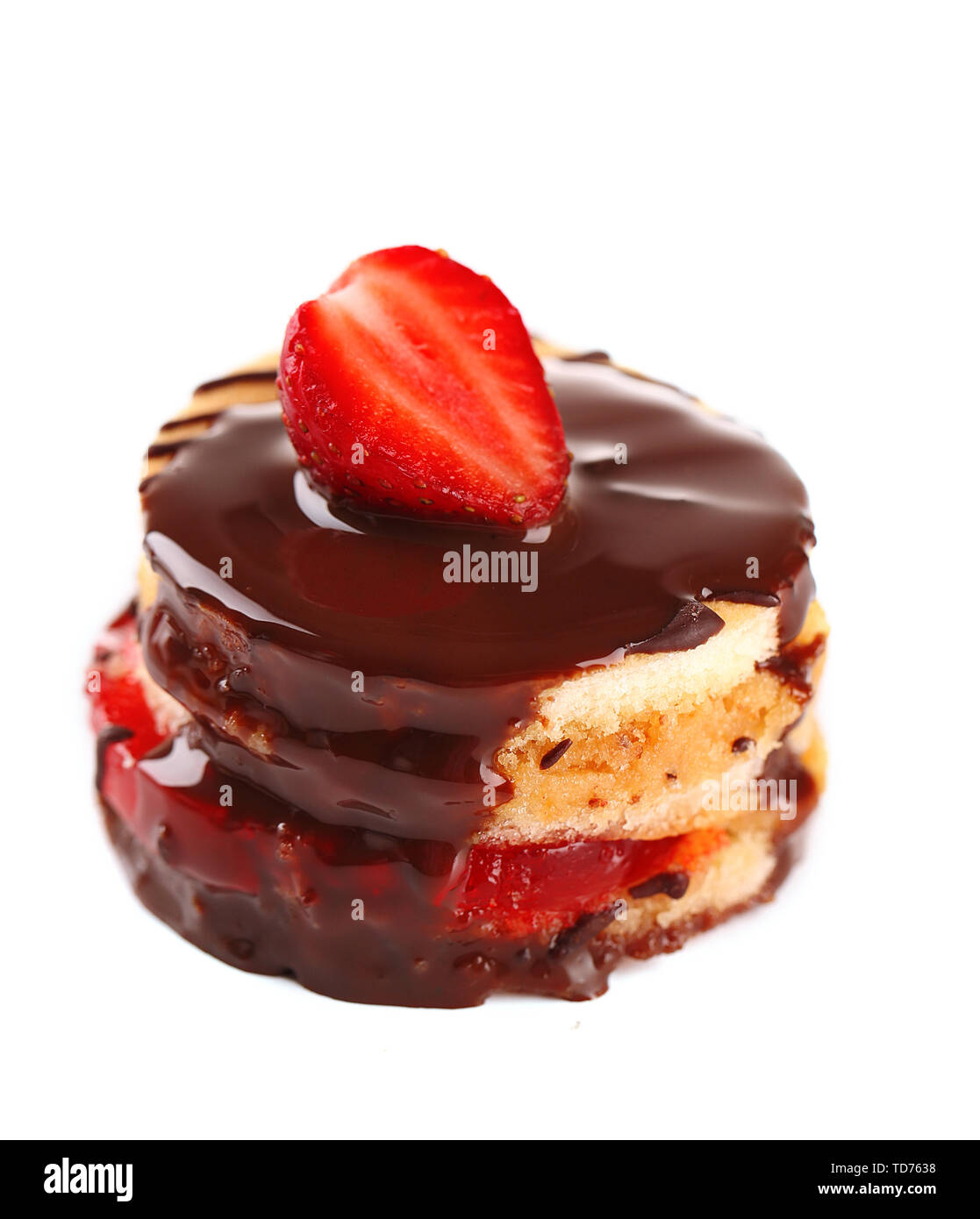 Tasty biscuit cake with chocolate and strawberry isolated on white ...