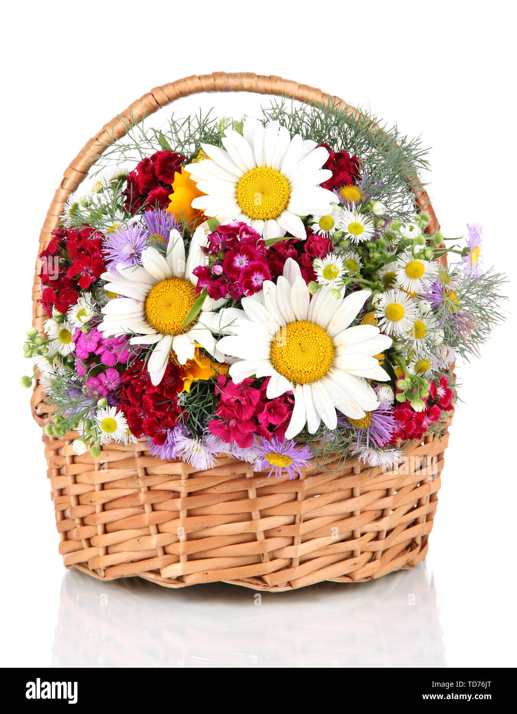 Beautiful bright flowers in wicker basket isolated on white Stock Photo ...
