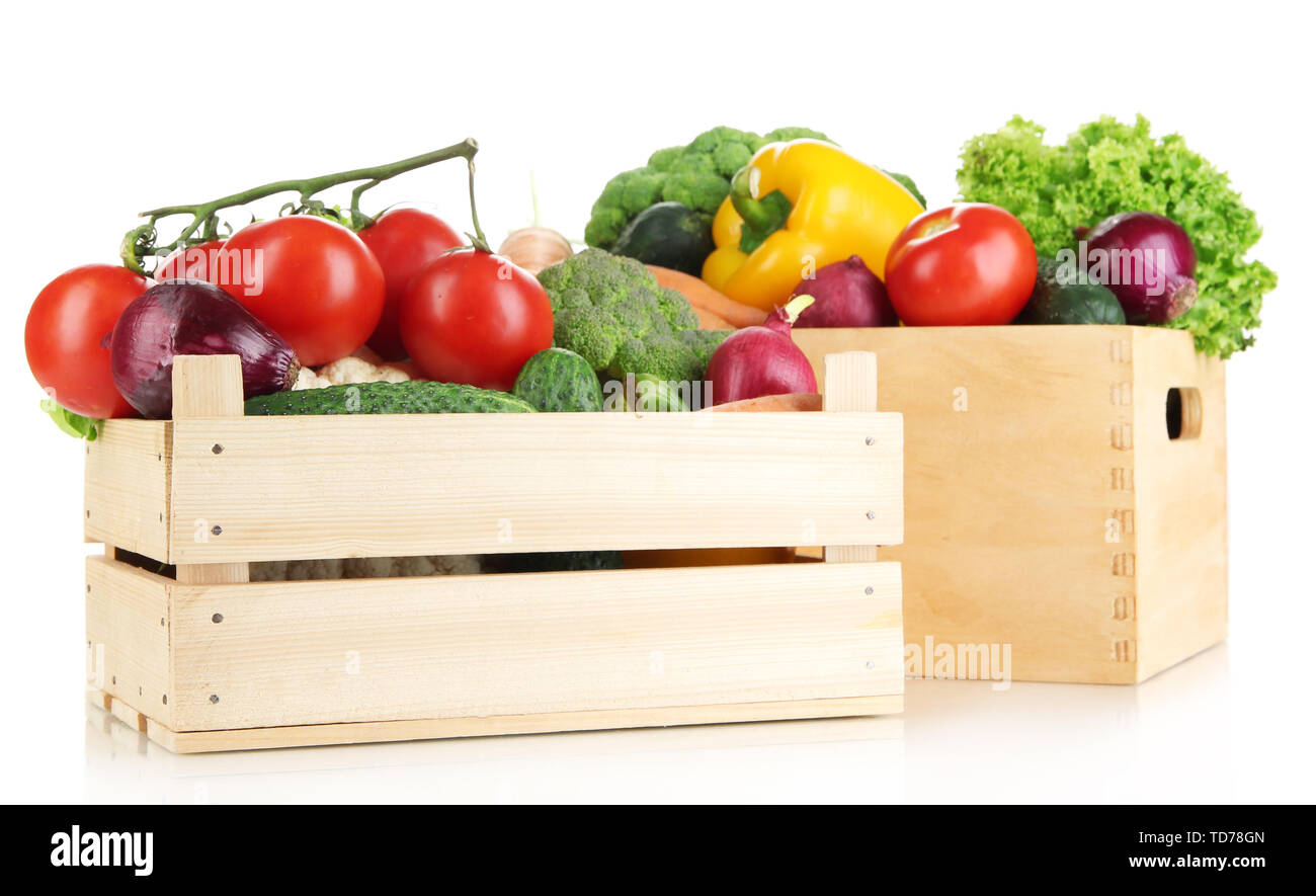 Fresh vegetables in wooden boxes on white background Stock Photo - Alamy