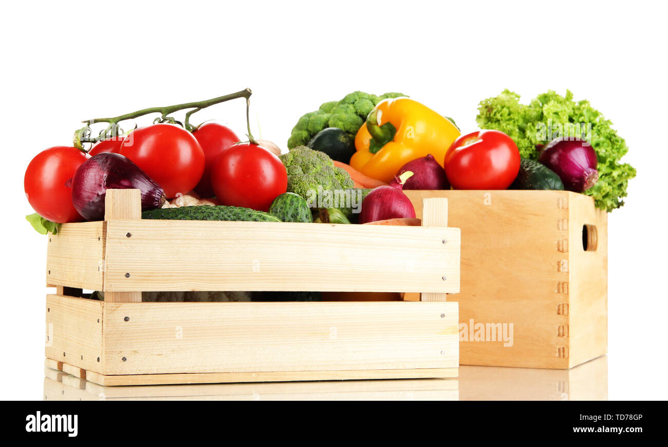 Fresh vegetables in wooden boxes on white background Stock Photo - Alamy