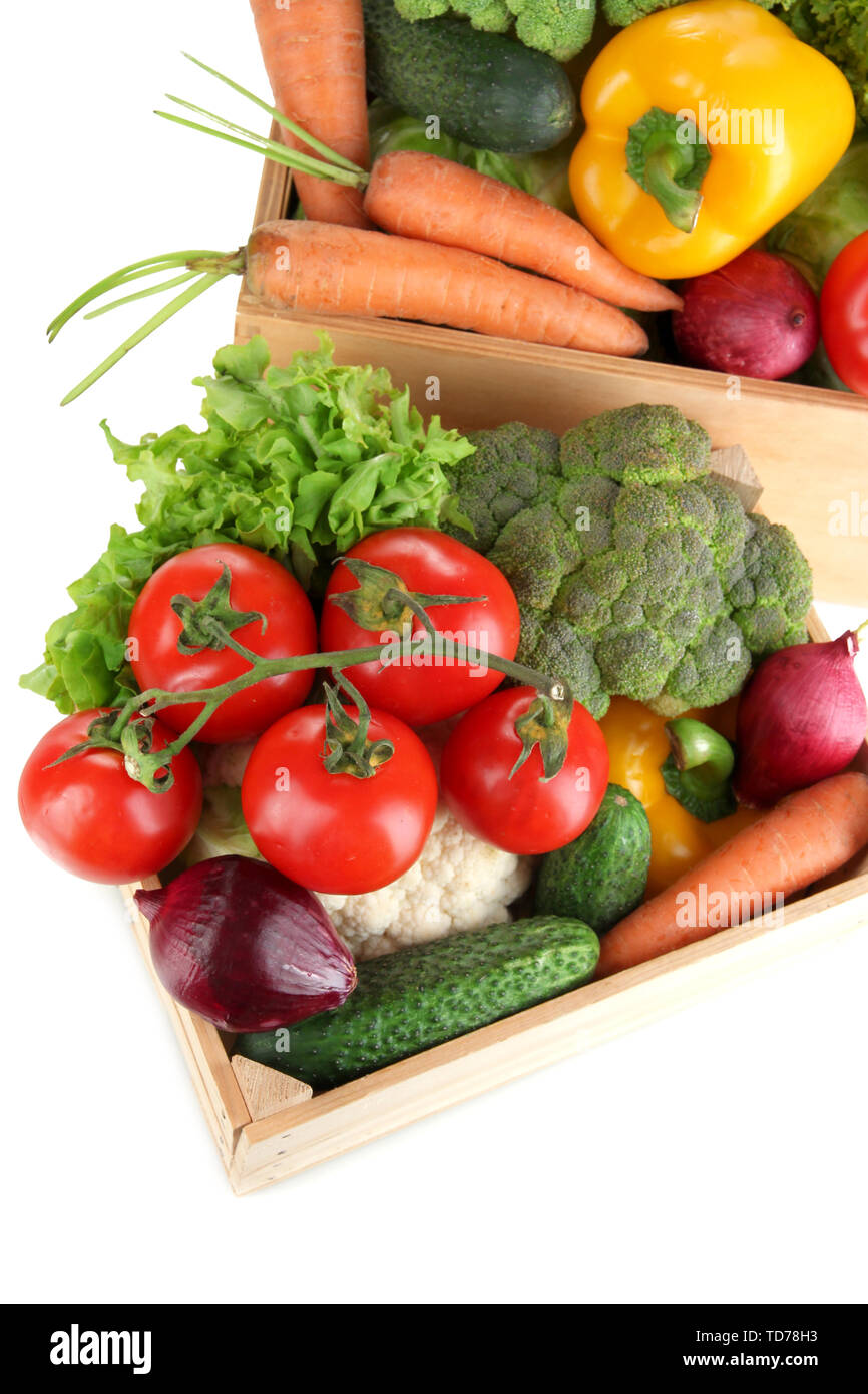 Fresh vegetables in wooden boxes on white background Stock Photo - Alamy