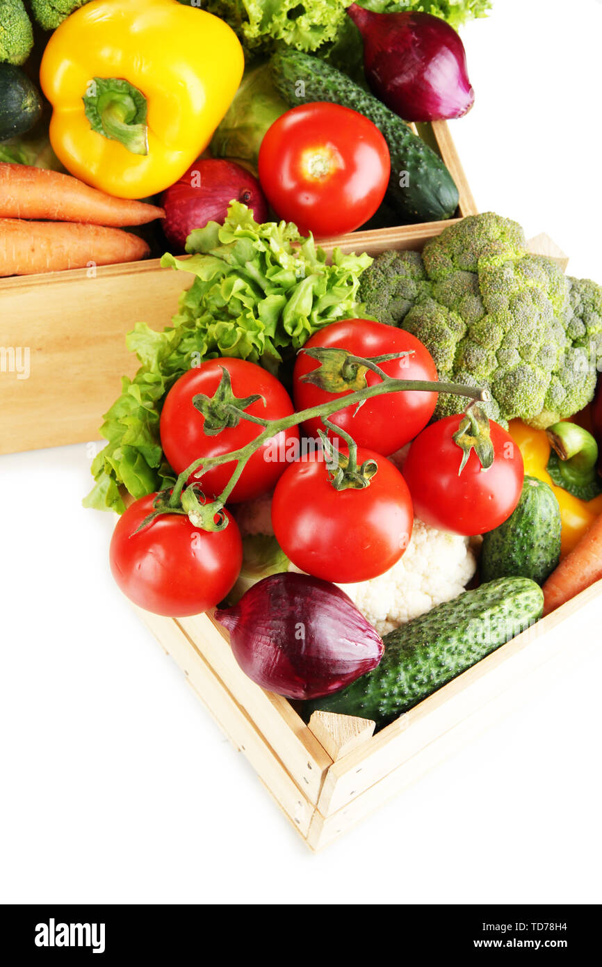 Fresh vegetables in wooden boxes on white background Stock Photo - Alamy