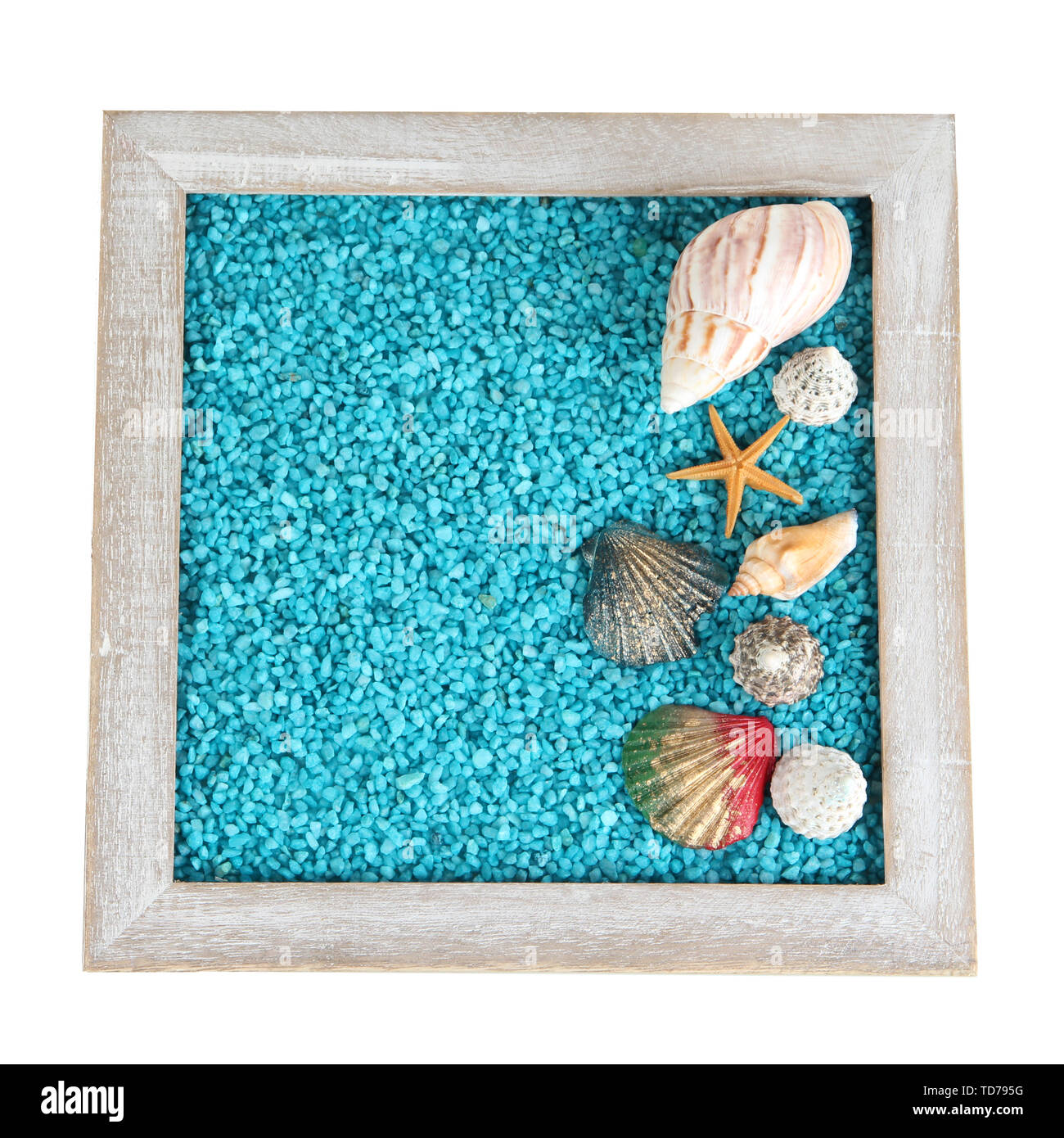 Decorative colored sand with shells isolated on white Stock Photo Alamy