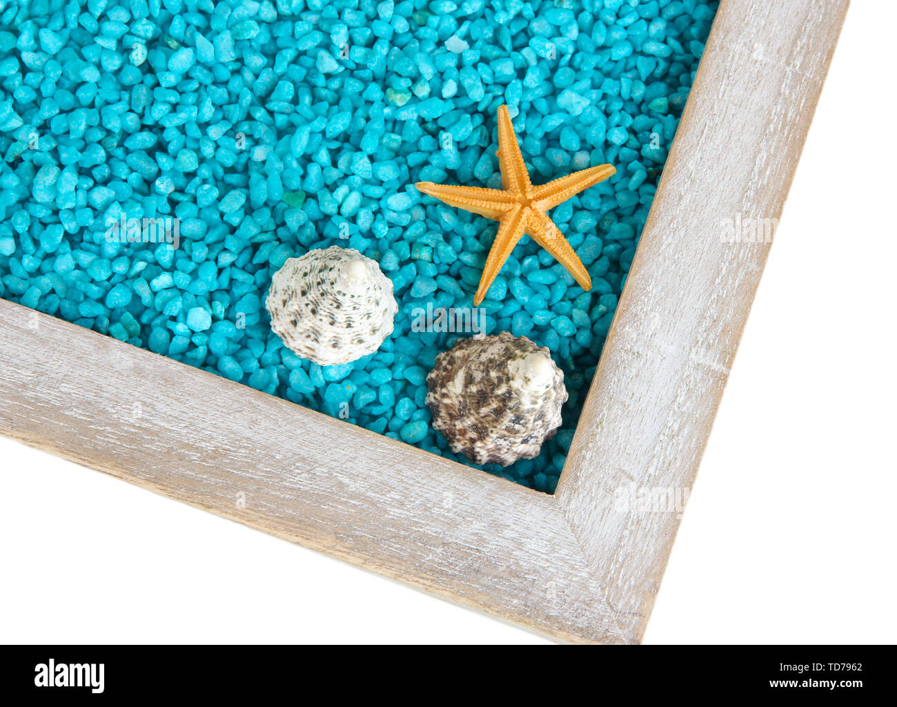 Decorative colored sand with shells isolated on white Stock Photo Alamy