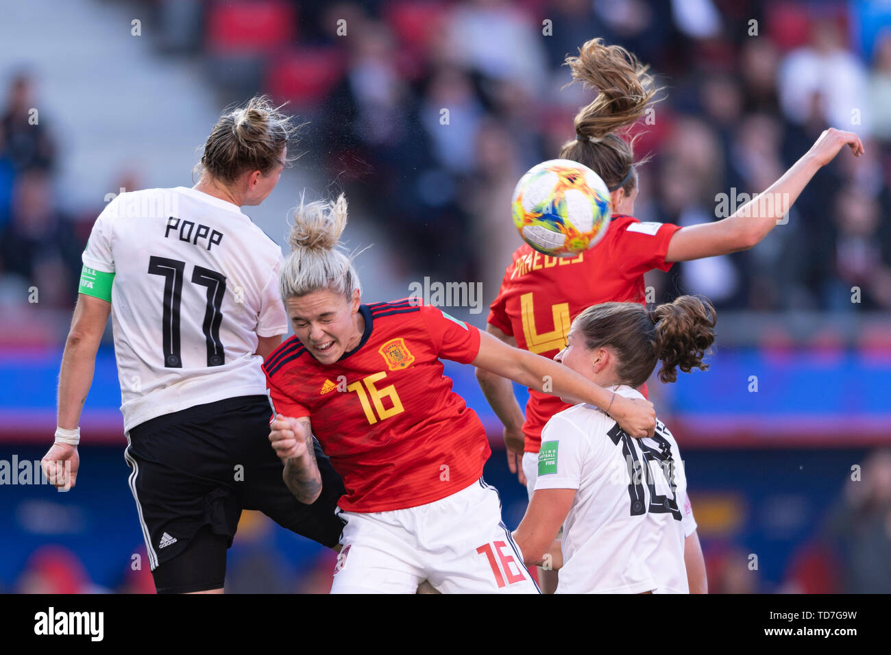 Valenciennes, France. 12th June, 2019. Alexandra Popp (Germany) Maria Pilar Leon (Spain) Irene Paredes (Spain) during the FIFA Women's World Cup France 2019 Group B match between Germany 1-0 Spain at Hainaut Stadium in Valenciennes, France, June12, 2019. Credit: Aflo Co. Ltd./Alamy Live News Stock Photo