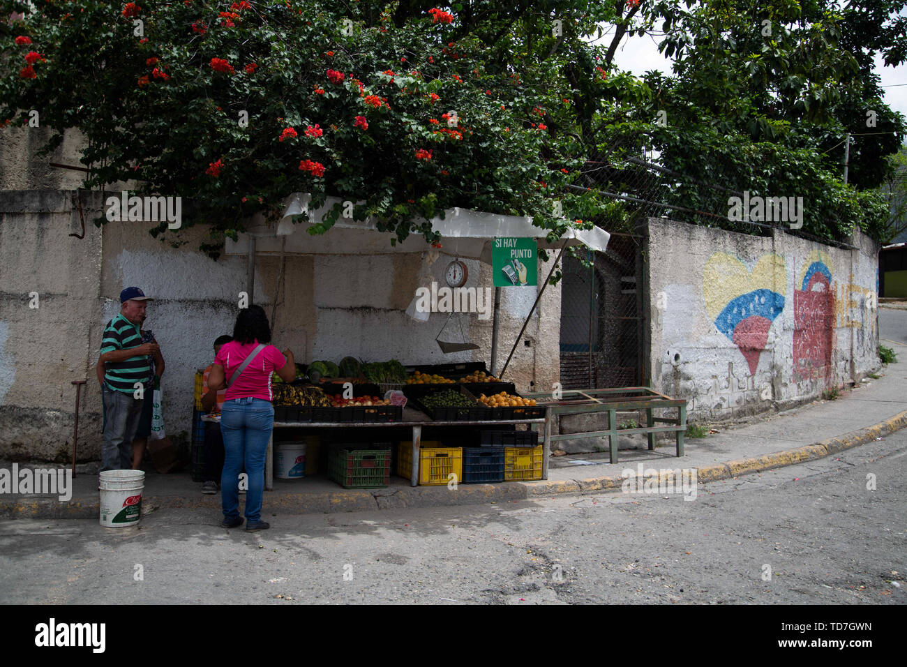Caracas, Venezuela. 8th June, 2019. Petare is the biggest slum in Caracas Venezuela. A woman looks to buy vegetables from a street vendor. Next to the vendor is pro Maduro art. Credit: Allison Dinner/ZUMA Wire/Alamy Live News Stock Photo