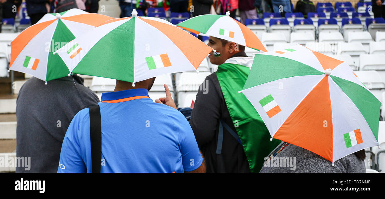 Trent Bridge, Nottingham, UK. 13th June, 2019. ICC World Cup Cricket, India  versus New Zealand; A family of Indian fans all wearing Umbrella hats in  their national colours Credit: Action Plus Sports/Alamy