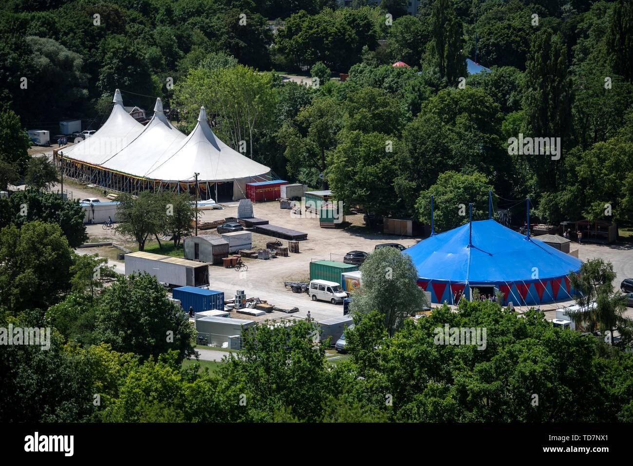 13 June 2019, Bavaria, Munich: Tents of the Tollwood Summer Festival 2019 will be erected in the Olympic Park South. The festival will take place from 26 June to 21 July 2019 under the motto 'Reicht leicht! Photo: Sina Schuldt/dpa Stock Photo